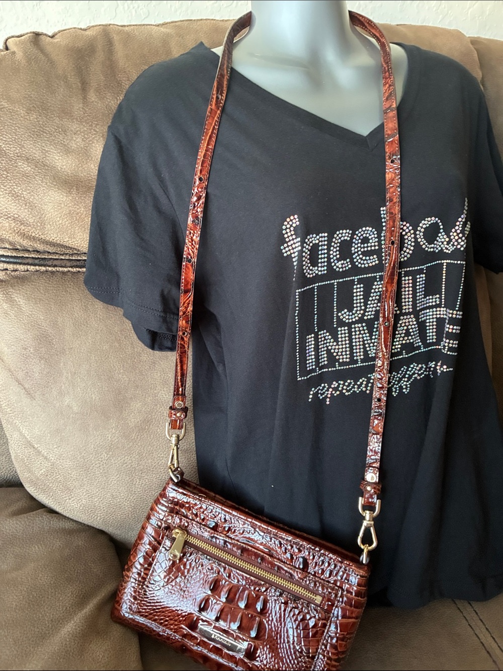 Brown Croc-Embossed Leather Crossbody Brahmin Bag